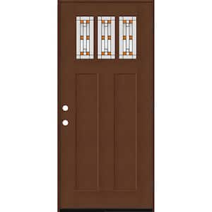 Regency 36 in. x 80 in. 3-Lite Amberton Decorative Glass LHOS Chestnut Stain Fir Grain Fiberglass Prehung Front Door