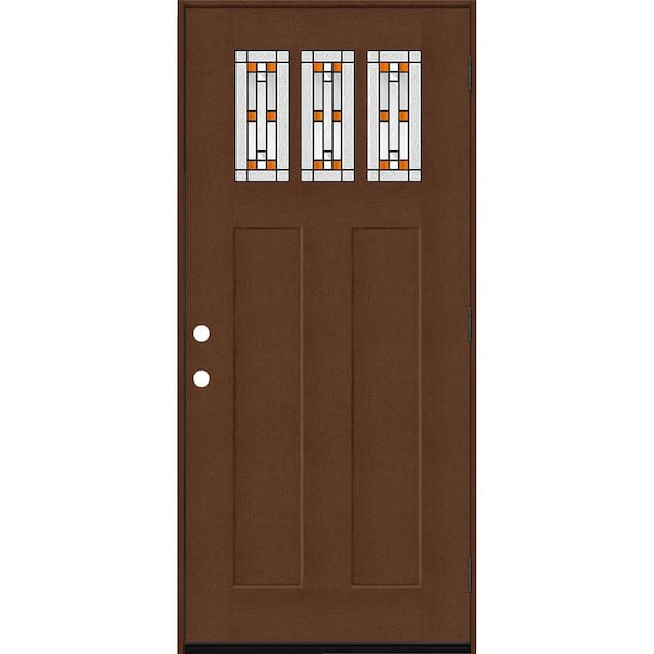 Steves & Sons Regency 36 in. x 80 in. 3-Lite Amberton Decorative Glass LHOS Chestnut Stain Fir Grain Fiberglass Prehung Front Door