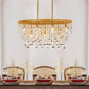 9-Light 35 in. Contemporary and Glam Antique Gold Rain Drop Crystal Chandelier For Dining Room