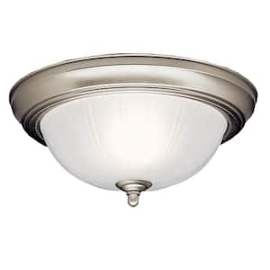 11.5 in. 2-Light Brushed Nickel Traditional Hallway Flush Mount Ceiling Light with Stain Etched Glass