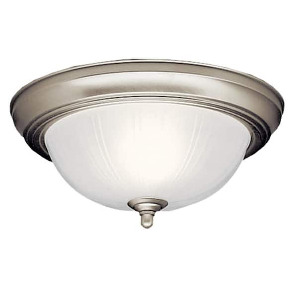 KICHLER 11.5 in. 2-Light Brushed Nickel Traditional Hallway Flush Mount Ceiling Light with Stain Etched Glass