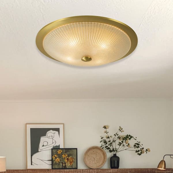 Snax 4-Light 23 in. W Aged Brass Round Umbrella-shaped Flush Mount with Gritty Frosted Glass for Kitchen Hallway