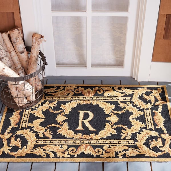 Monogram Black 3 ft. x 4 ft. "R" Ornate Leaf Indoor/Outdoor Area Rug