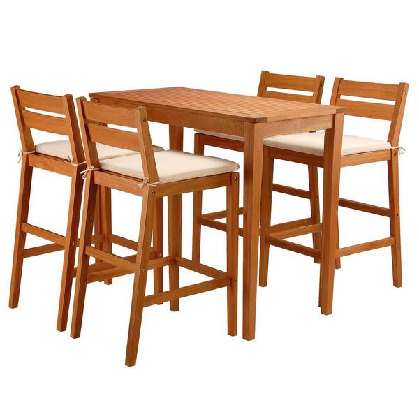National Outdoor Living 5-Piece Wood Outdoor Eucalyptus Grandis Bar Table Set with Beige Cushions