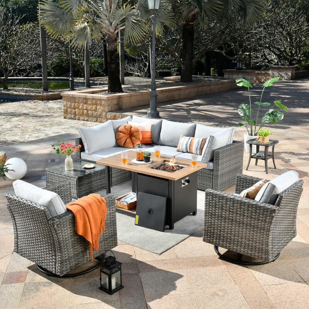 Sanibel Gray 9-Piece Wicker Outdoor Patio Conversation Sofa Set with a Storage Fire Pit and Light Gray Cushions -  Toject, DFP-YZHOP409