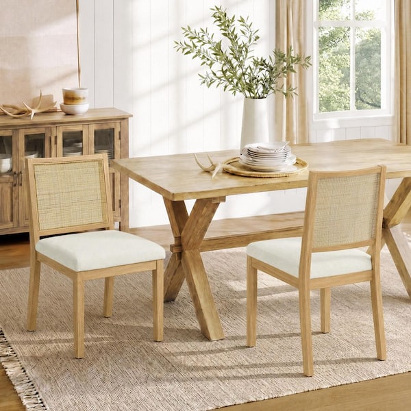 Blake Ivory Upholstered Rattan Back Dining Chair with Solid Rubber Wood Frame, Set of 2