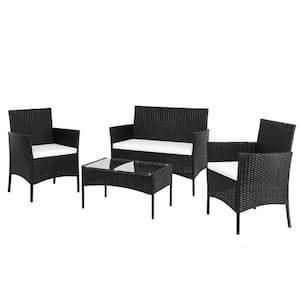 Black 4-Piece Wicker Patio Conversation Set with White Cushions