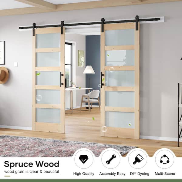 60 in. x 84 in. (Double 30 in.) 5 Lite Frosted Glass Spruce Finished Solid Wood Sliding Barn Door with Hardware Kit