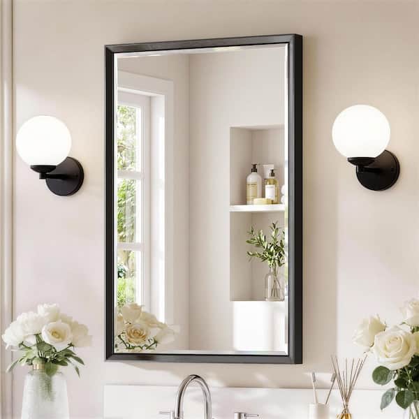Modern 24 in. H x 36 in. W Aluminum Double Beveled Frame Wall Mounted Bathroom Vanity Miror, Brushed Black