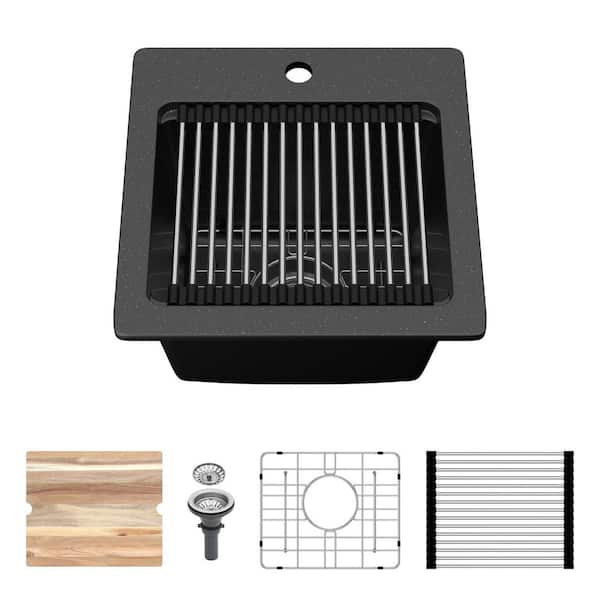 15 in. Drop-in Single Bowl 16 Gauge Black Quartz Kitchen Sink with Bottom Grid, Cutting Board and Strainers