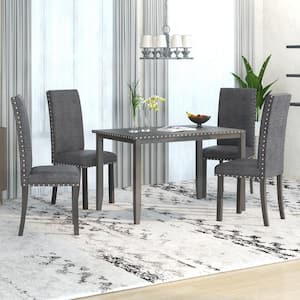 5-Piece Gray Farmhouse Rustic Wood Dining Table Set with 4-Upholstered Dining Chairs