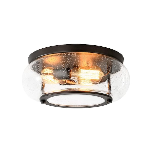 HUOKU Adelina 3-Light 18.9 in. W Oil Rubbed Bronze Industrial Flush Mount with Open Drum-Shaped Clear Seeded Glass for Kitchen