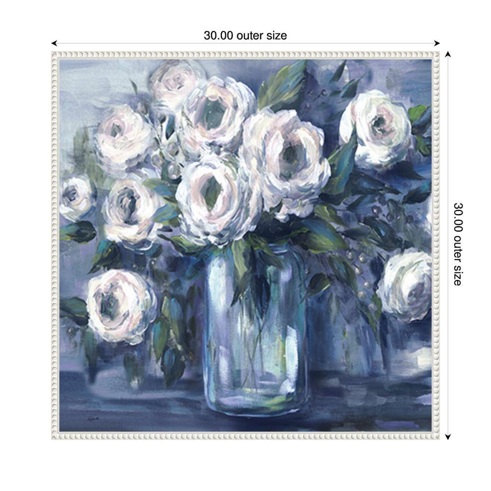 Indigo and White Floral Canvas Art with White Frame