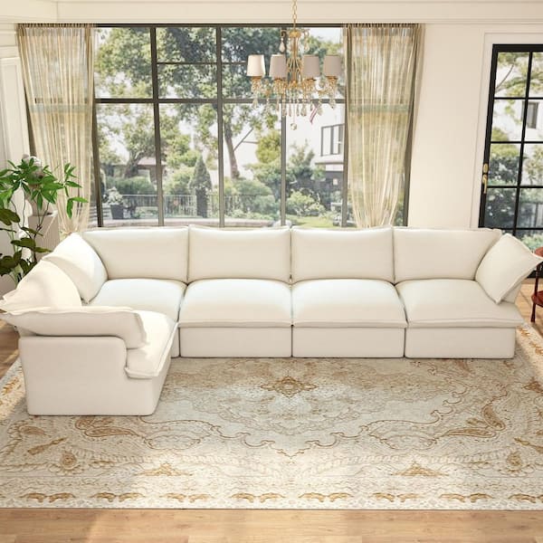 Magic Home L-shaped Convertible 123 in. Flared Arm Linen Comfy Modular Cloud Sofa with Detachable Covers in. White