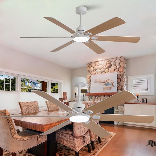 Noiseless 60 in. White 6 Plywood Blades Downrod Standard Ceiling Fan with Dimmible LED Light and Remote Included