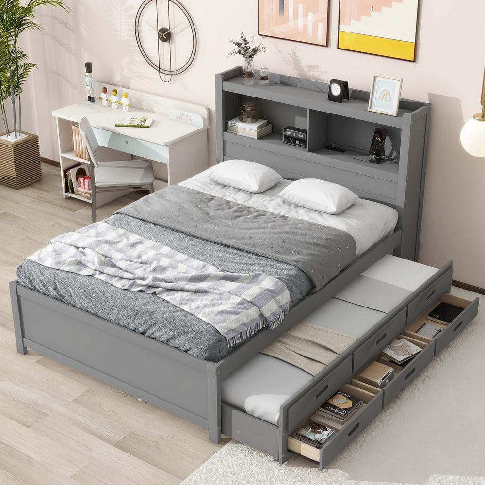 Nestfair Gray Wood Frame Full Platform Bed with Trundle, Drawers