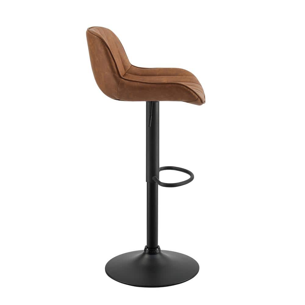 Cognac Faux Leather Adjustable Swivel Bar Stools with Black Base, Set of 2