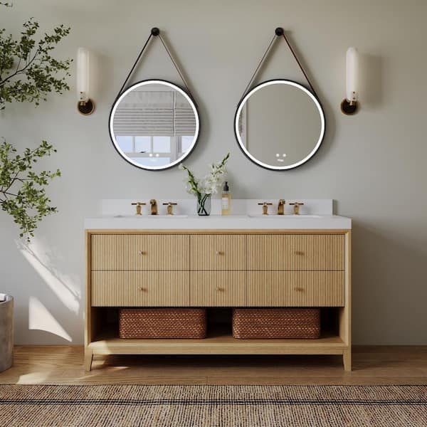 Momo 60 in. W Double Sinks Freestanding Bath Vanity in American Oak with Alpines White Quartz Top