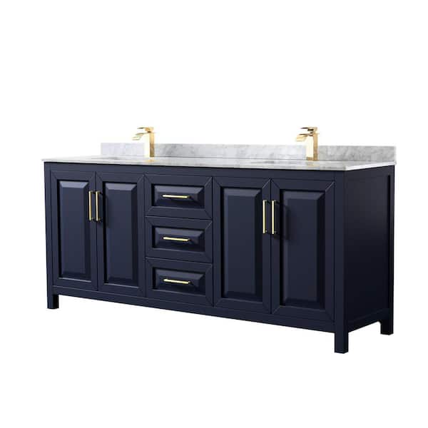 Wyndham Collection Daria 80 in. Double Bathroom Vanity in Dark Blue with Marble Vanity Top in White Carrara with White Basins