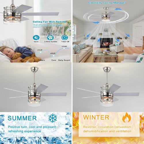 52 in. Indoor Wood Nickel 5-Blade Lighted Ceiling Fan with Crystal Shade CIPACHO Ceiling Fans With Lights