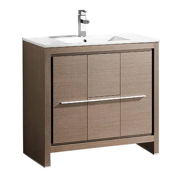 Fresca Allier 36 in. Bath Vanity in Gray Oak with Ceramic Vanity Top in White with White Basin
