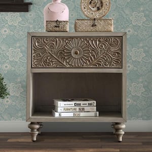 Drawer Ivory Night Stand with Polyresin Floral Design 28 in. H x 28 in. W x 17 in. L