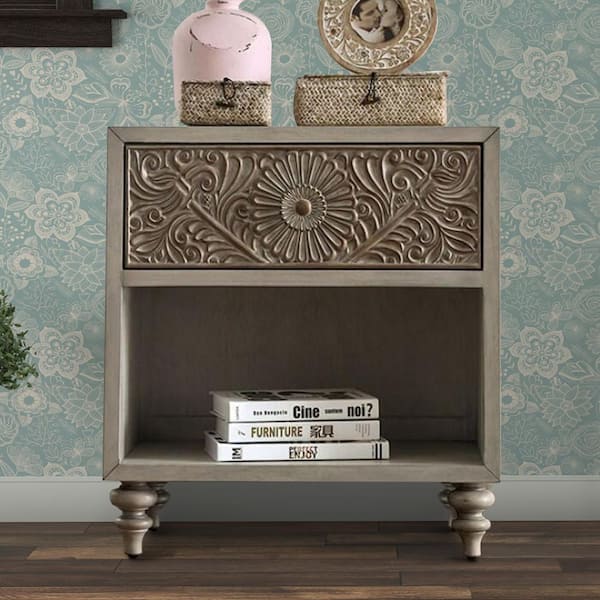 Benjara Drawer Ivory Night Stand with Polyresin Floral Design 28 in. H x 28 in. W x 17 in. L