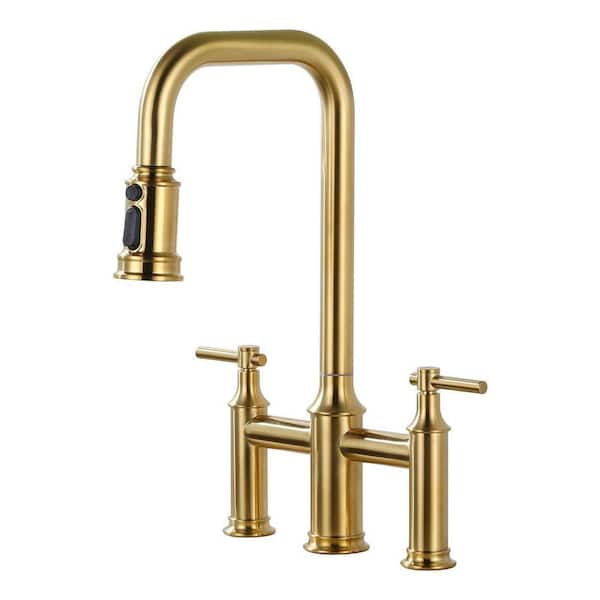 Brass Double Handle Bridge Kitchen Faucet with 3-Mode Pull-Down Sprayer and 1 or 3-Hole Install in Gold