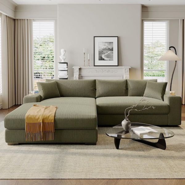 111.5 in. Square Arm Corduroy Sectional Sofa with Thick Cushions and Built-in. Cup Holders in Green