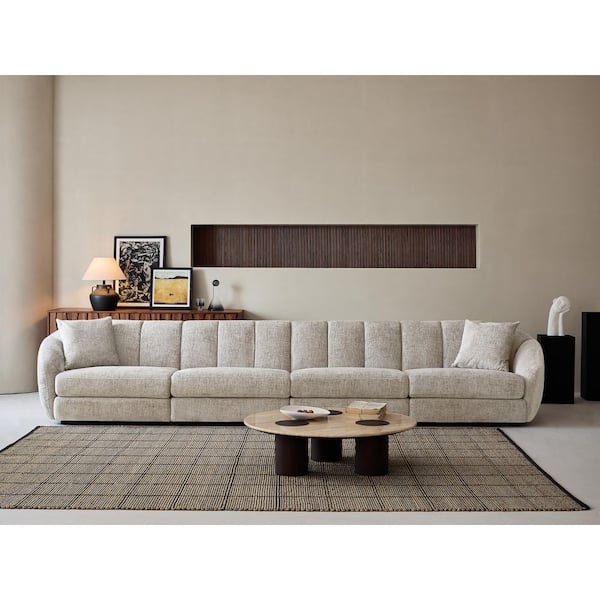 Modern 160 in. Wide Slope Arm Chenille Fabric Rectangle Sectional Sofa Scallop Sofa 4 Seats in. Light Brown