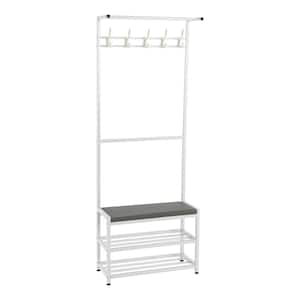 White Carbon Steel Clothes Rack 23.62 in. W x 62.99 in. H with Shoe Storage Entryway Bench