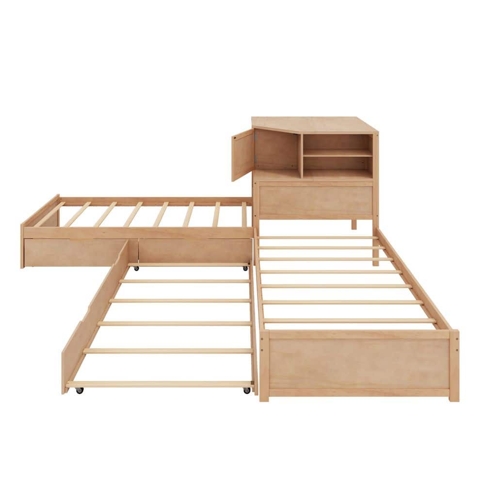 Natural (Yellow) Wood Frame Twin L-shaped Platform Bed with Trundle and Drawers Linked with Built-in Desk and LED - thumbnail 6
