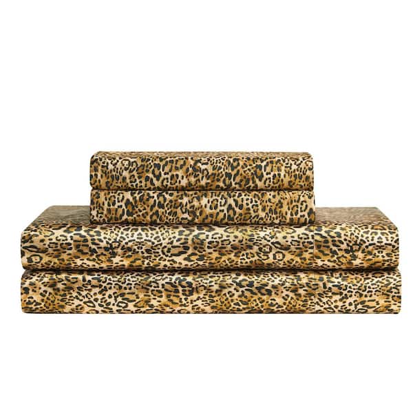 Silky Satin 4-Piece Monica Leopard Animal Print Microfiber Queen Deep Pocket Sheet Set
