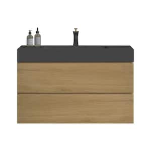 NOBLE 36 in. W x 18 in. D x 25 in. H Single Sink Freestanding Bath Vanity in Oak with Black Solid Surface Integral Top