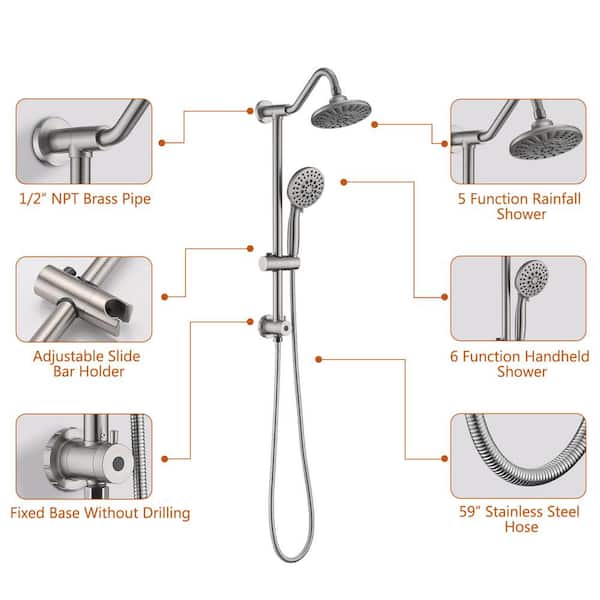 5-Spray Round High Pressure Rain Shower Head with Handheld Shower Head in Brushed Nickel