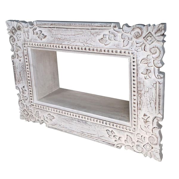 THE URBAN PORT 23 in. L x 6 in. W x 16 in. H Distressed White Engraved Mango Wood Wall Mounted Shelf with Textured Details