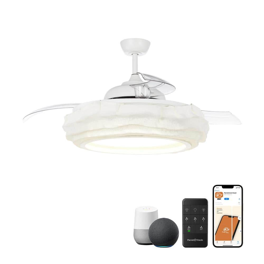 52 in. Indoor White Caged Retractable Smart Ceiling Fan with LED Light and Remote, Works with Alexa/Google/Siri/Tuya -  Parrot Uncle, F4615-SMART