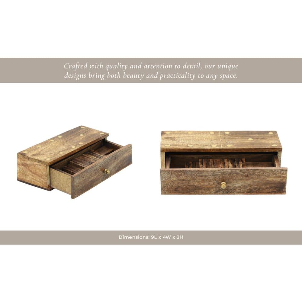 Brown Mango Wood and Brass Dominoes Set with Storage Box