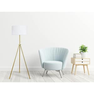 59 in. Gold Tripod Floor Lamp 100% Metal Body with Linen Round Shade E26 Socket