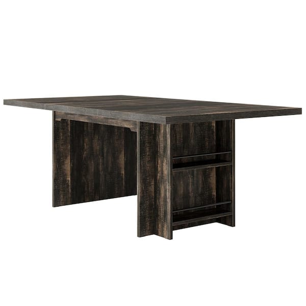 Halseey Vintage Brown Wood 63 in. Pedestal Dining Table Seats 6 with Storage Shelves Living Room Home Kitchen