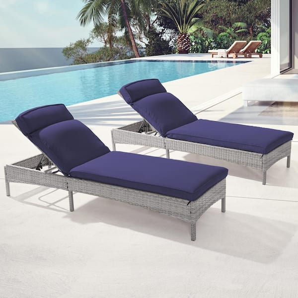 Sonkuki Outdoor Patio Wicker Chaise Lounge Chairs with Adjustable Inclination Angles, Navy Blue Cushion