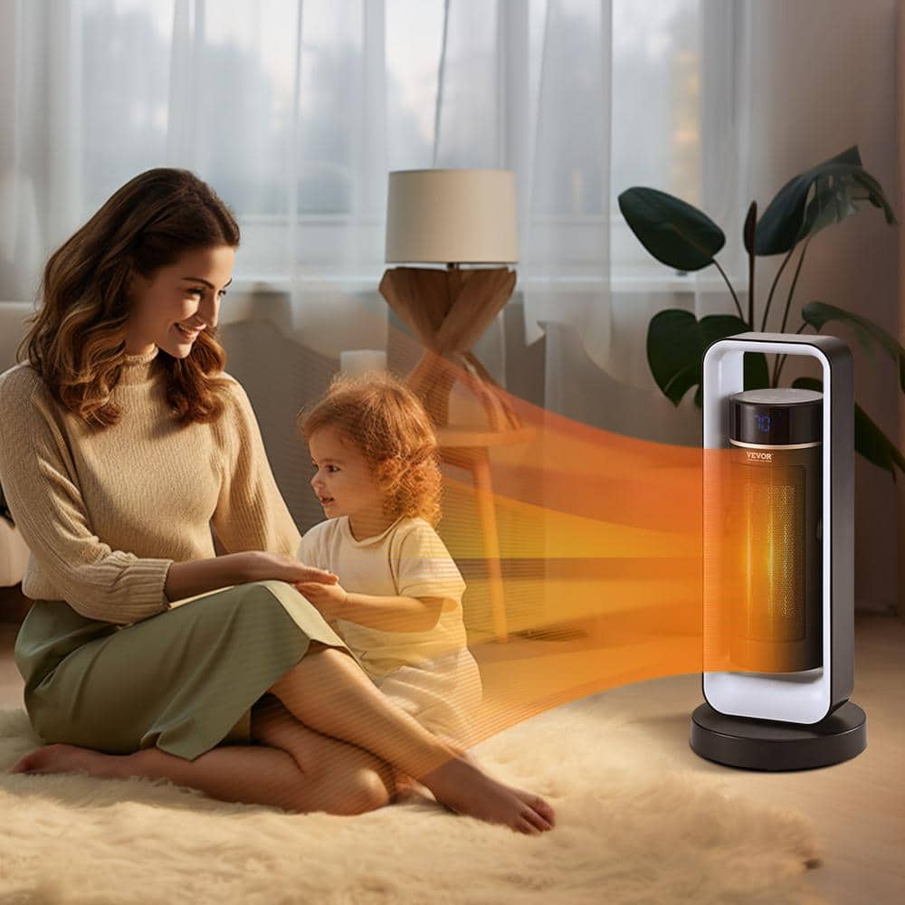 20-inch Black and Silver Ceramic Electric Heater with Thermostat