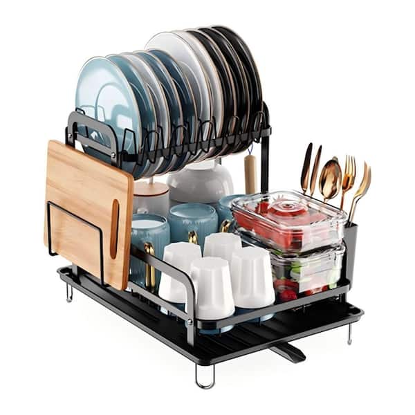 Black 2-Tier 16.65 x 14.57 x 13.11 in. with Drainboard, Detachable Drainer Organizer Set for Kitchen Dish Rack