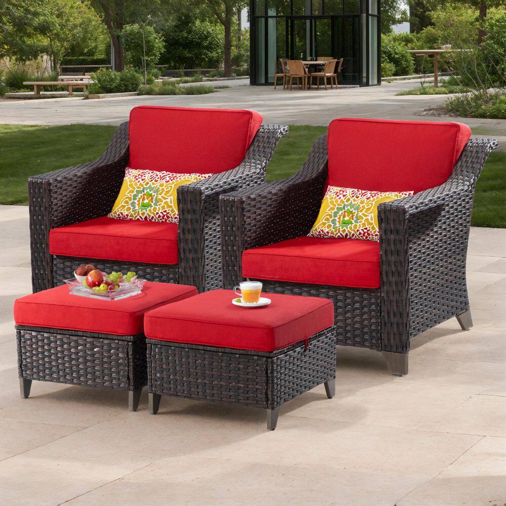 4-Piece Brown Wicker Outdoor Lounge Chair Set with Ottomans and Red Cushions price history on PriceWatchPro