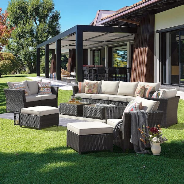 XIZZI Huron Gorden Brown 12-Piece Wicker Outdoor Patio Conversation Sectional Sofa Set with Beige Cushions