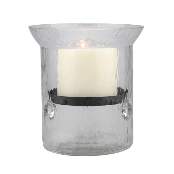 Stonebriar Collection 6 in. H Glass Hammered Hurricane Candle Holder with Gunmetal Tray