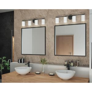 Replay Collection 31-1/4 in. 4-Light Textured Black Etched Glass Modern Bath Vanity Light
