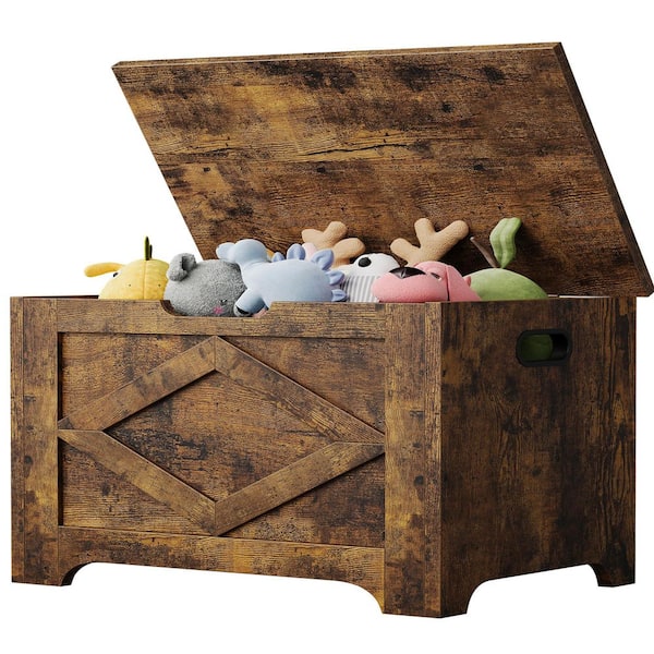 28 Gal. Rustic Brown Wood Outdoor Storage Bench with Safety Hinge for Entryway, Bedroom, Living Room