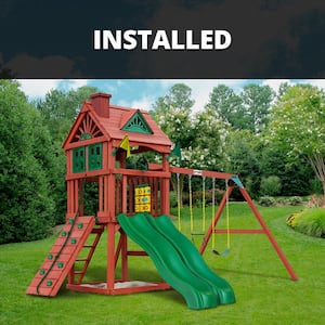 Professionally Installed Double Down Wooden Outdoor Playsets with 2 Wave Slides, Rock Wall, and Swing Set Accessories