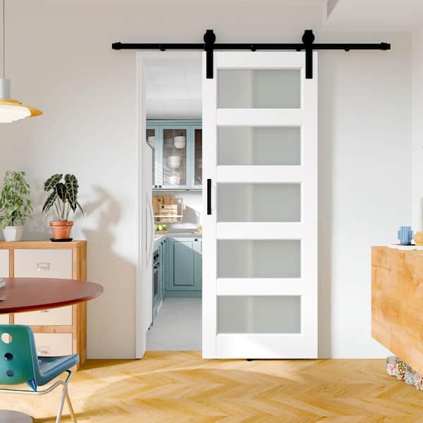 32 in. x 80 in. 5-Lite Frosted Glass White Primed Solid Core Pine Wood Sliding Barn Door Slab with Full Hardware Kit Set